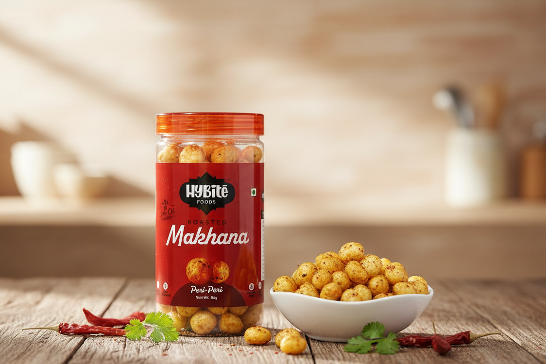 Jar of Hybite Makhana on a wooden surface with a bowl of snacks.