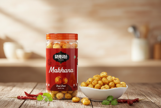 Jar of Hybite Makhana on a wooden surface with a bowl of snacks.